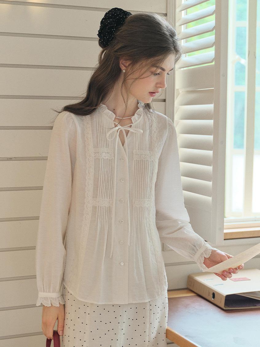Cassia Pleated Ruffle Collar Lyocell Lace Blouse