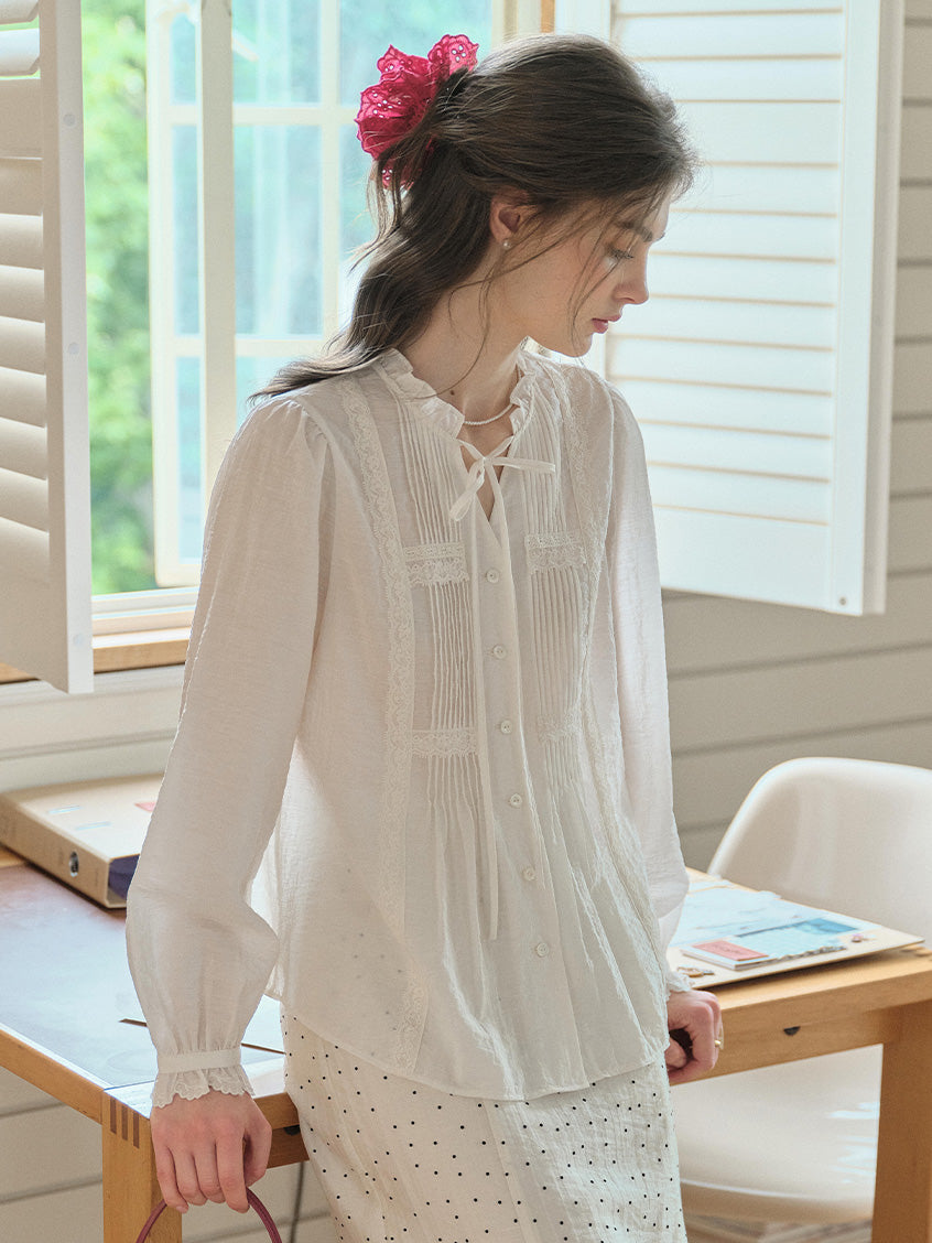 Cassia Pleated Ruffle Collar Lyocell Lace Blouse