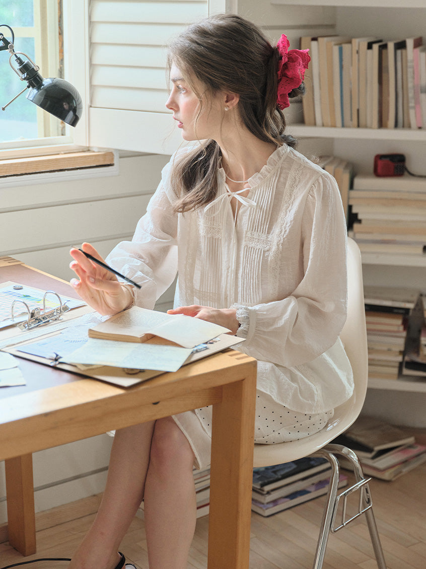 Cassia Pleated Ruffle Collar Lyocell Lace Blouse