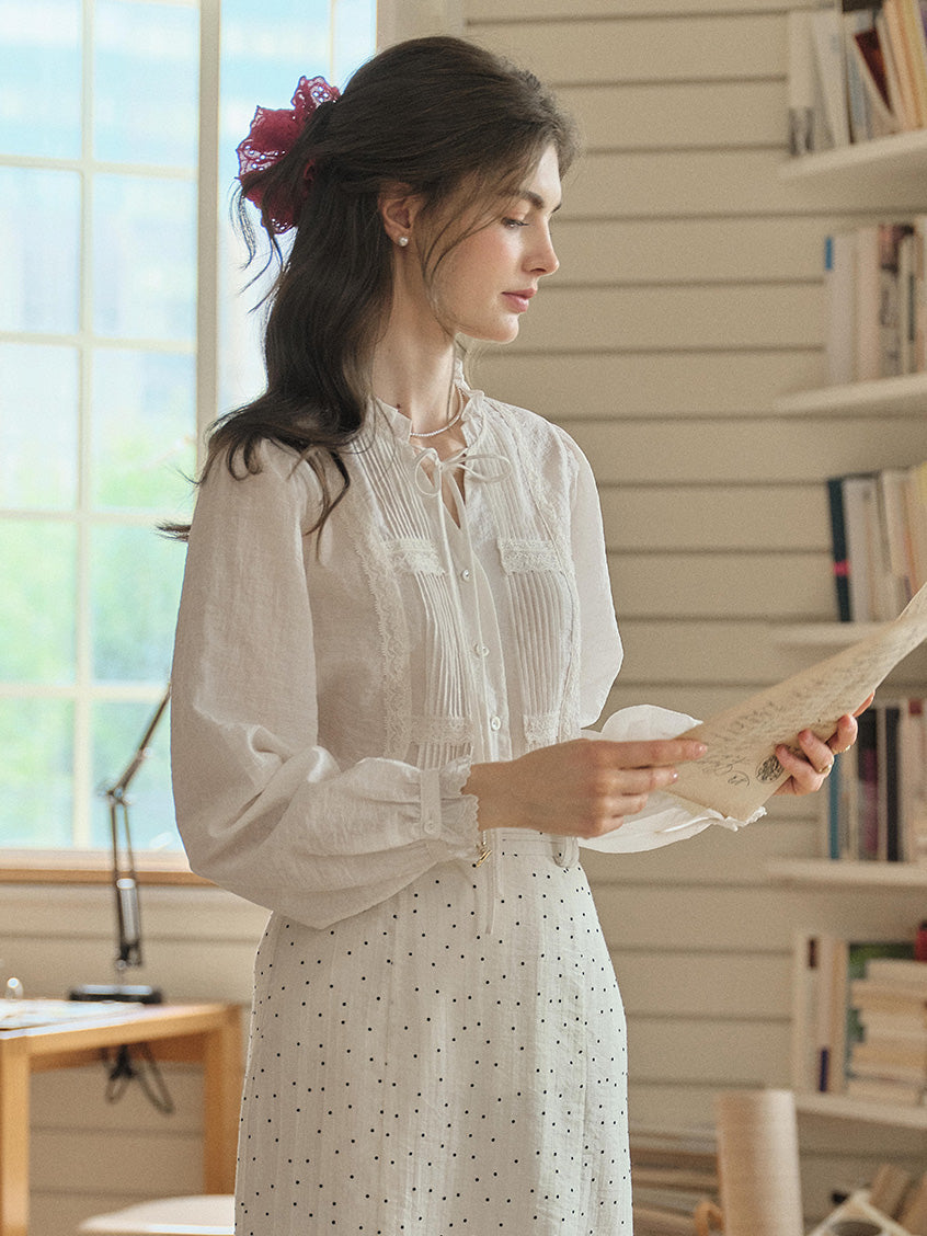 Cassia Pleated Ruffle Collar Lyocell Lace Blouse