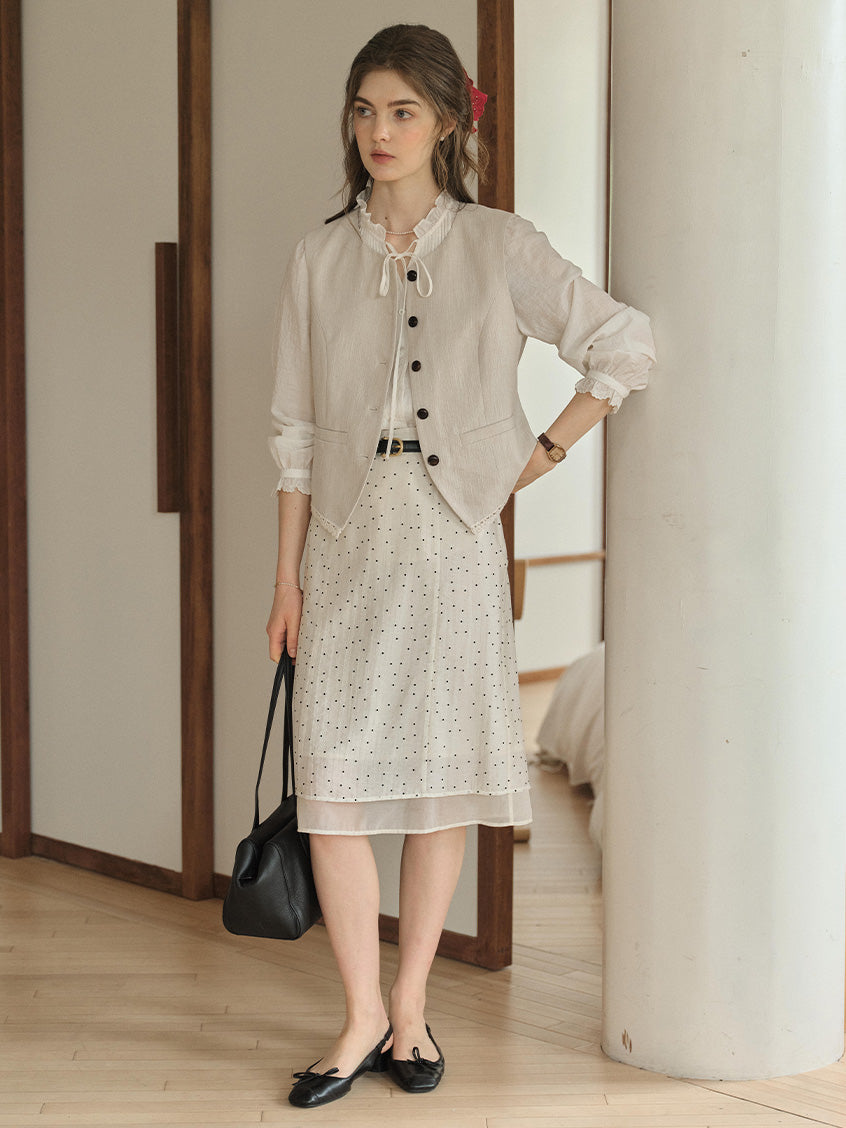 Cassia Pleated Ruffle Collar Lyocell Lace Blouse