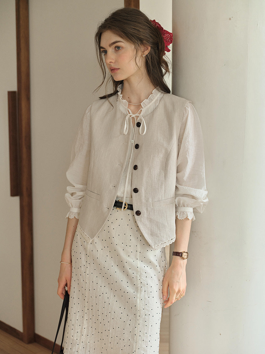 Cassia Pleated Ruffle Collar Lyocell Lace Blouse