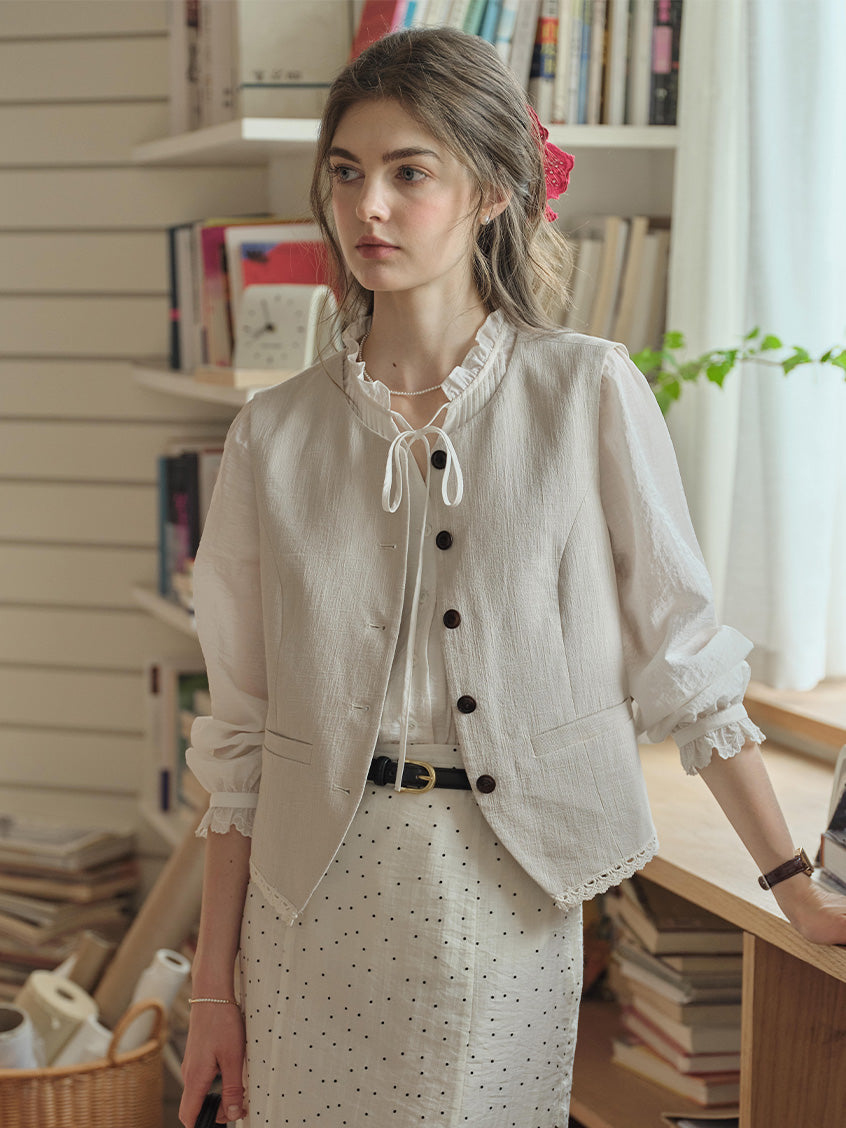 Cassia Pleated Ruffle Collar Lyocell Lace Blouse