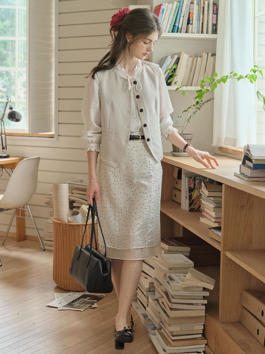 Cassia Pleated Ruffle Collar Lyocell Lace Blouse