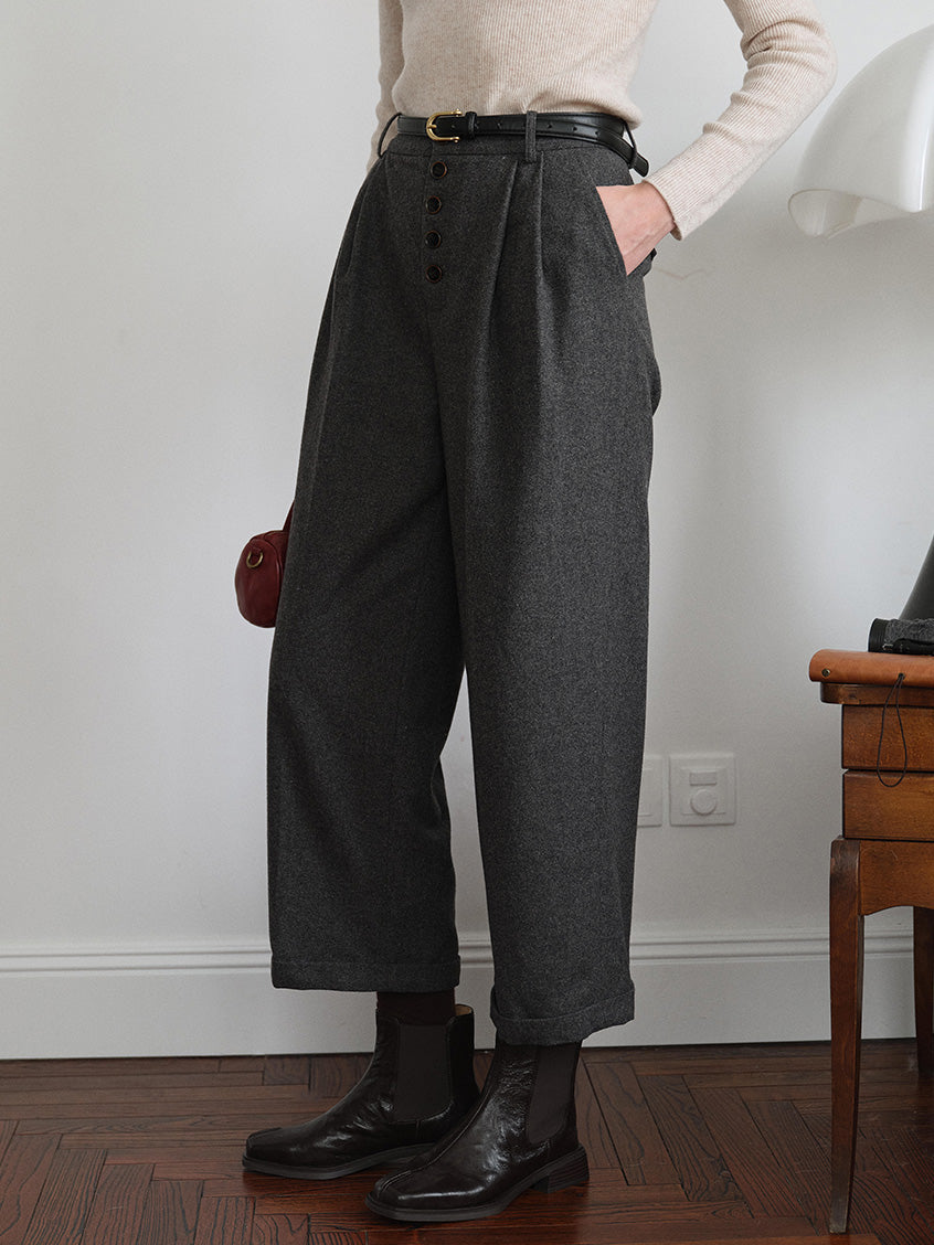 Anwen Wide-Leg Button-Front Wool-Blend Trousers