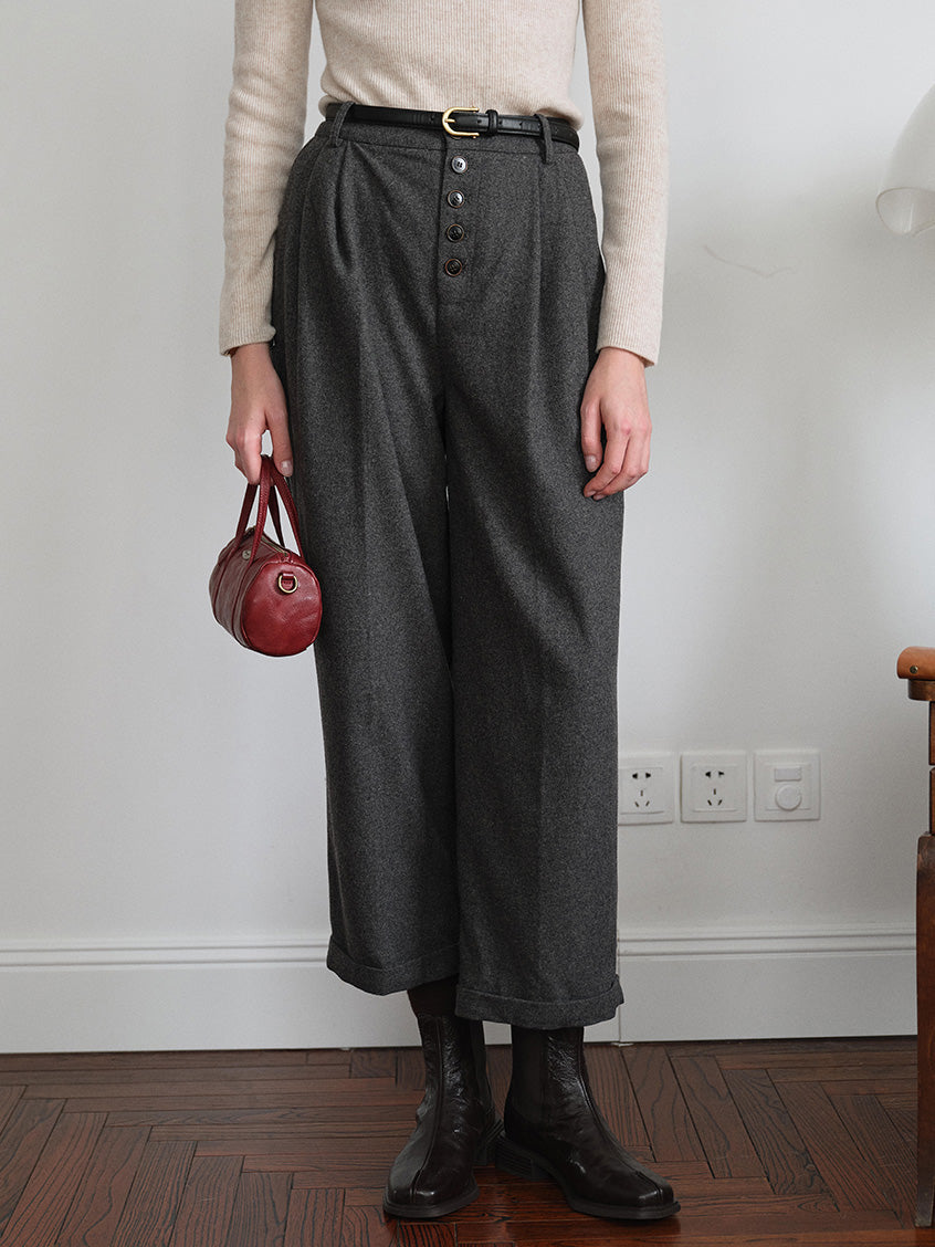 Anwen Wide-Leg Button-Front Wool-Blend Trousers