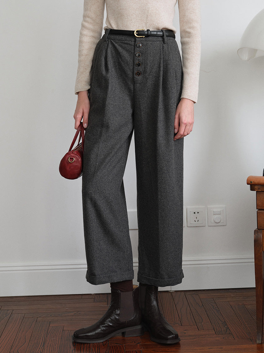 Anwen Wide-Leg Button-Front Wool-Blend Trousers