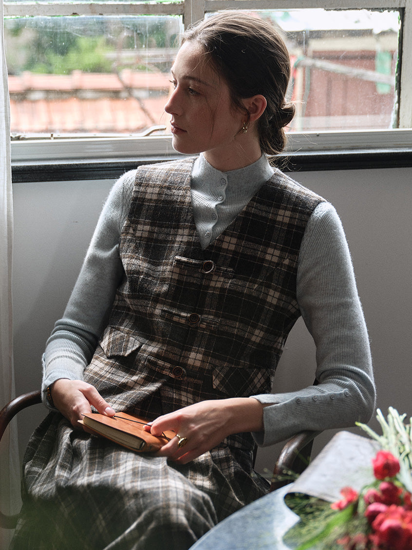 Zephyrine Double-Breasted Plaid Wool Vest