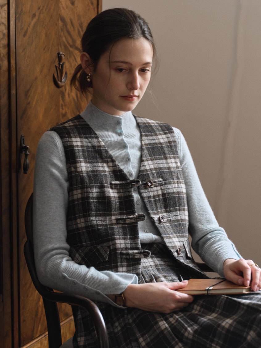 Zephyrine Double-Breasted Plaid Wool Vest