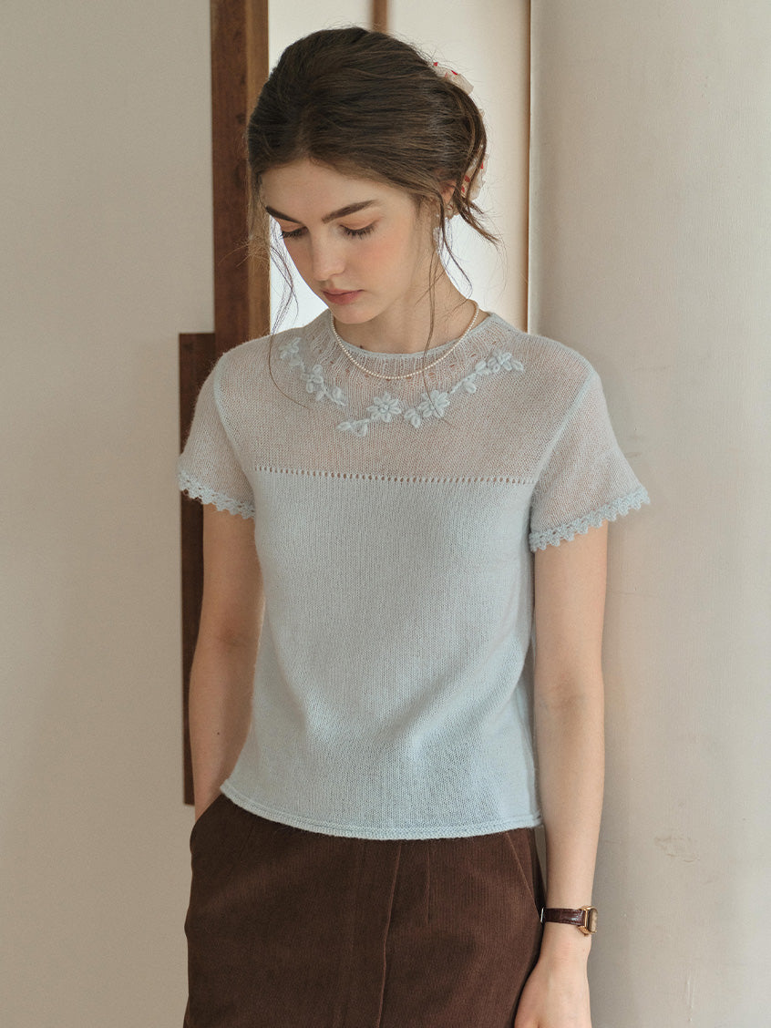 Ellianna Round Neck Lace Embroidery Knitwear