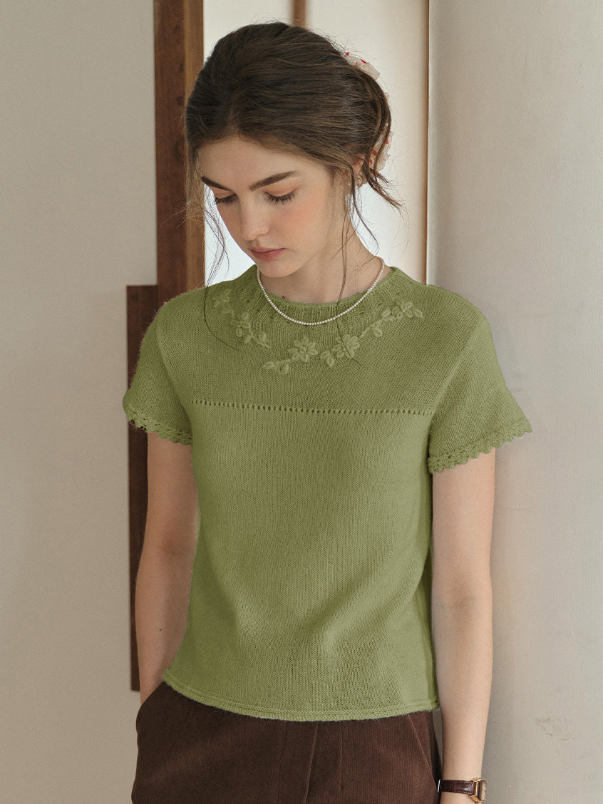 Ellianna Round Neck Lace Embroidery Knitwear