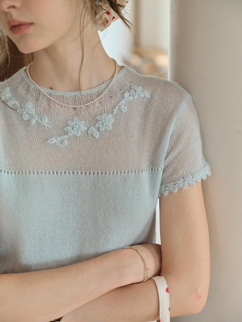 Ellianna Round Neck Lace Embroidery Knitwear