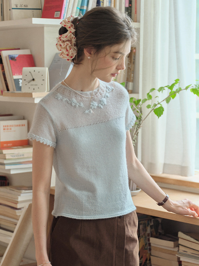 Ellianna Round Neck Lace Embroidery Knitwear