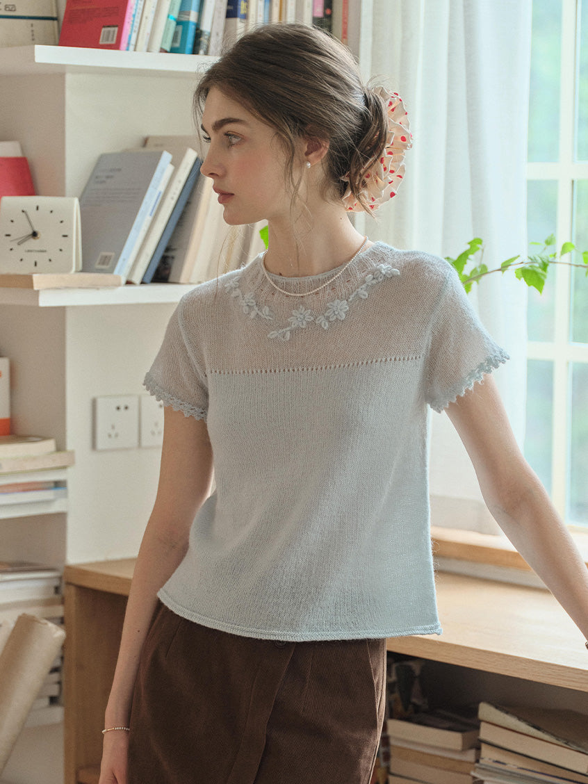 Ellianna Round Neck Lace Embroidery Knitwear