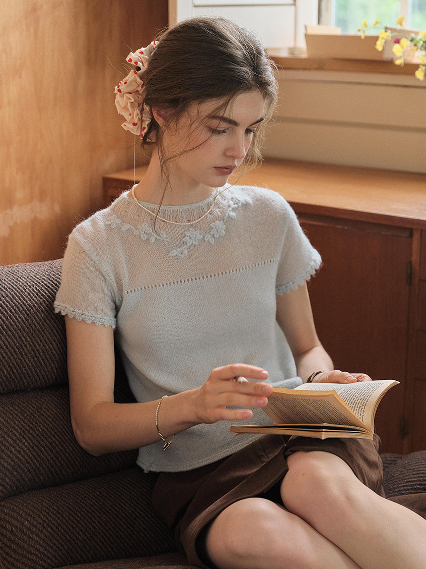 Ellianna Round Neck Lace Embroidery Knitwear