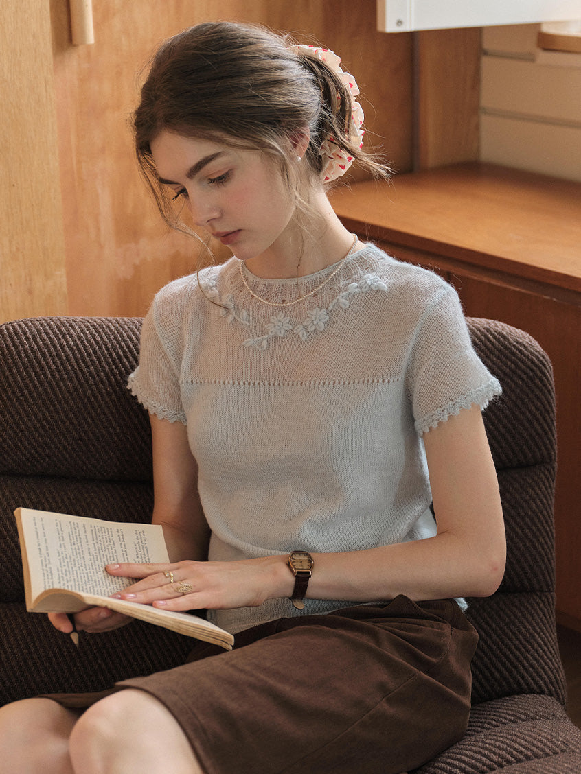 Ellianna Round Neck Lace Embroidery Knitwear