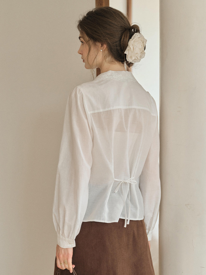 Delaney Lapel Collar Lyocell Embroidery Blouse