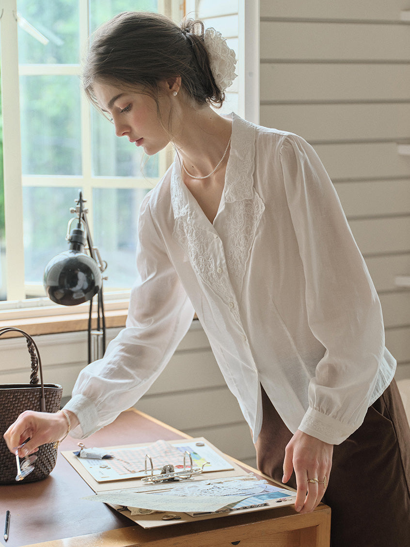 Delaney Lapel Collar Lyocell Embroidery Blouse