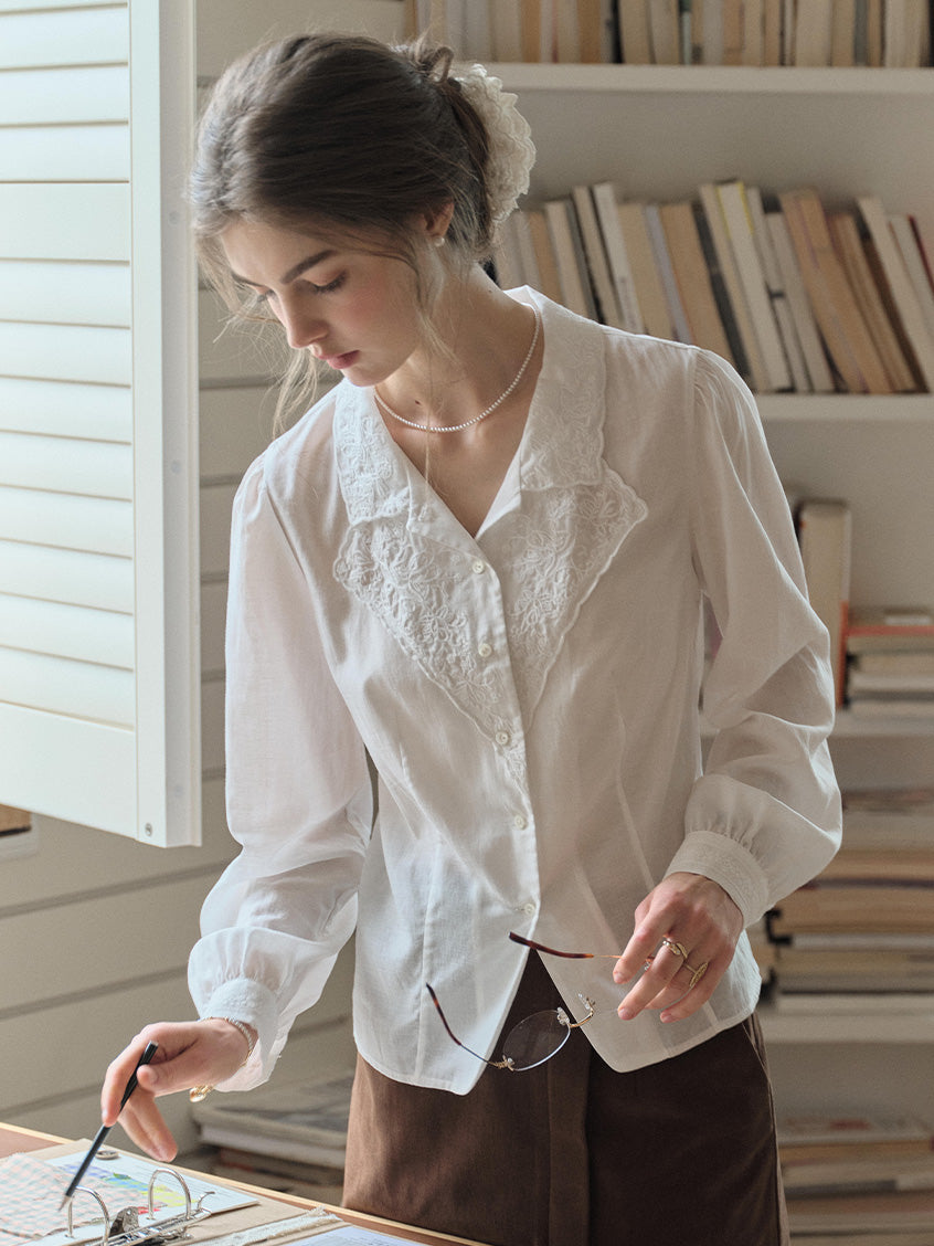 Delaney Lapel Collar Lyocell Embroidery Blouse