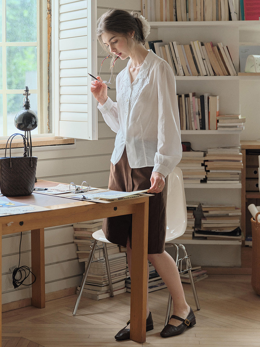 Delaney Lapel Collar Lyocell Embroidery Blouse
