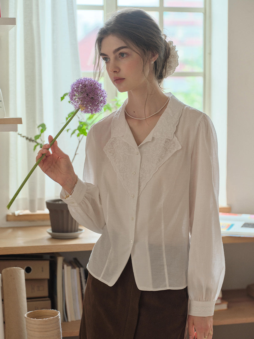 Delaney Lapel Collar Lyocell Embroidery Blouse