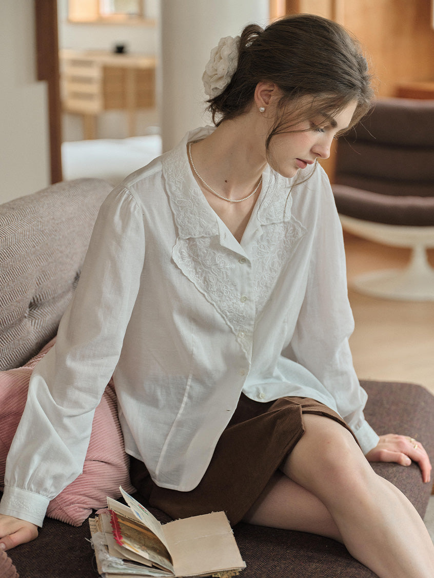Delaney Lapel Collar Lyocell Embroidery Blouse