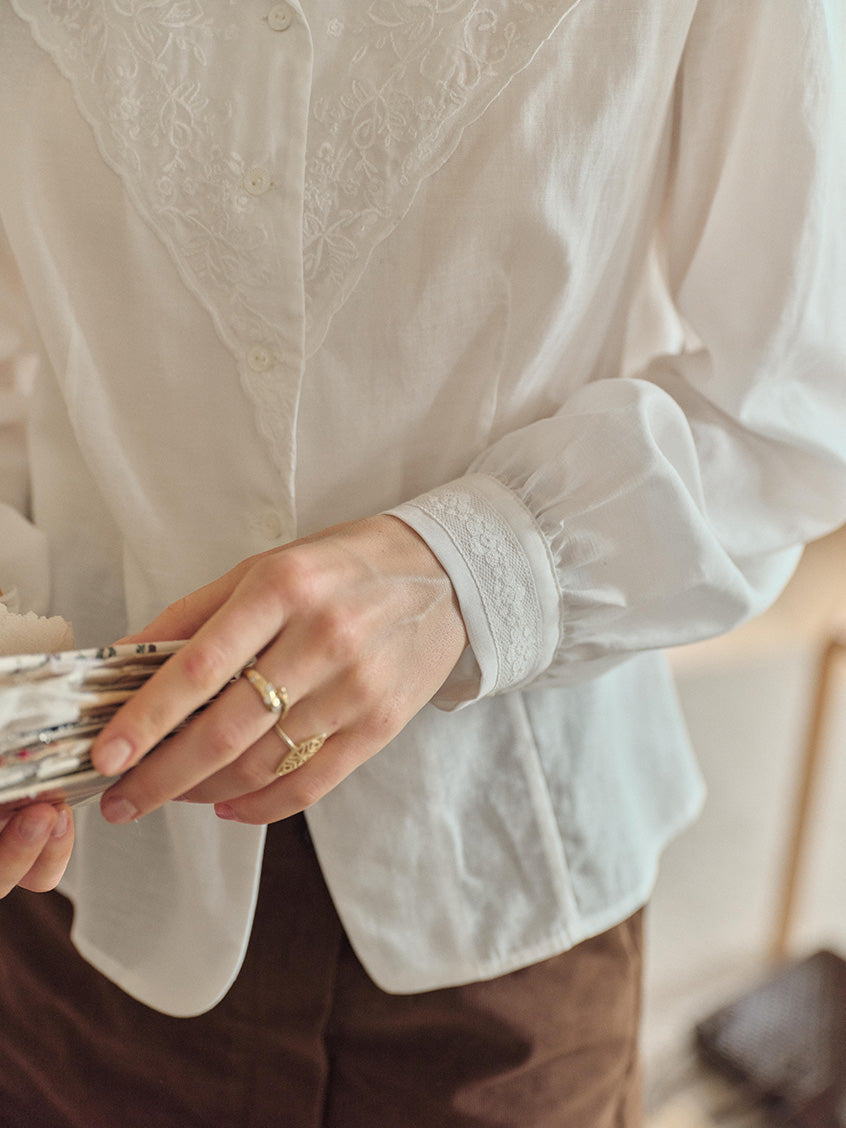 Delaney Lapel Collar Lyocell Embroidery Blouse