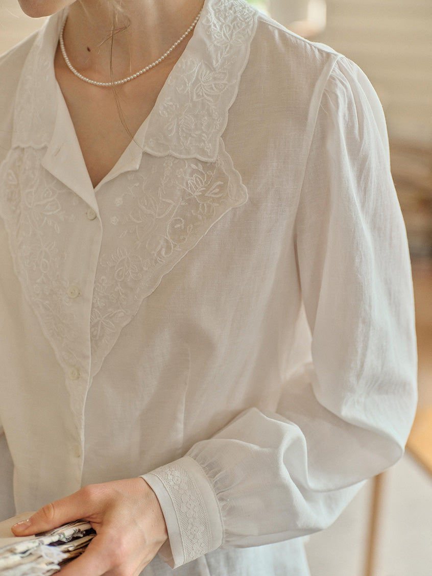 Delaney Lapel Collar Lyocell Embroidery Blouse