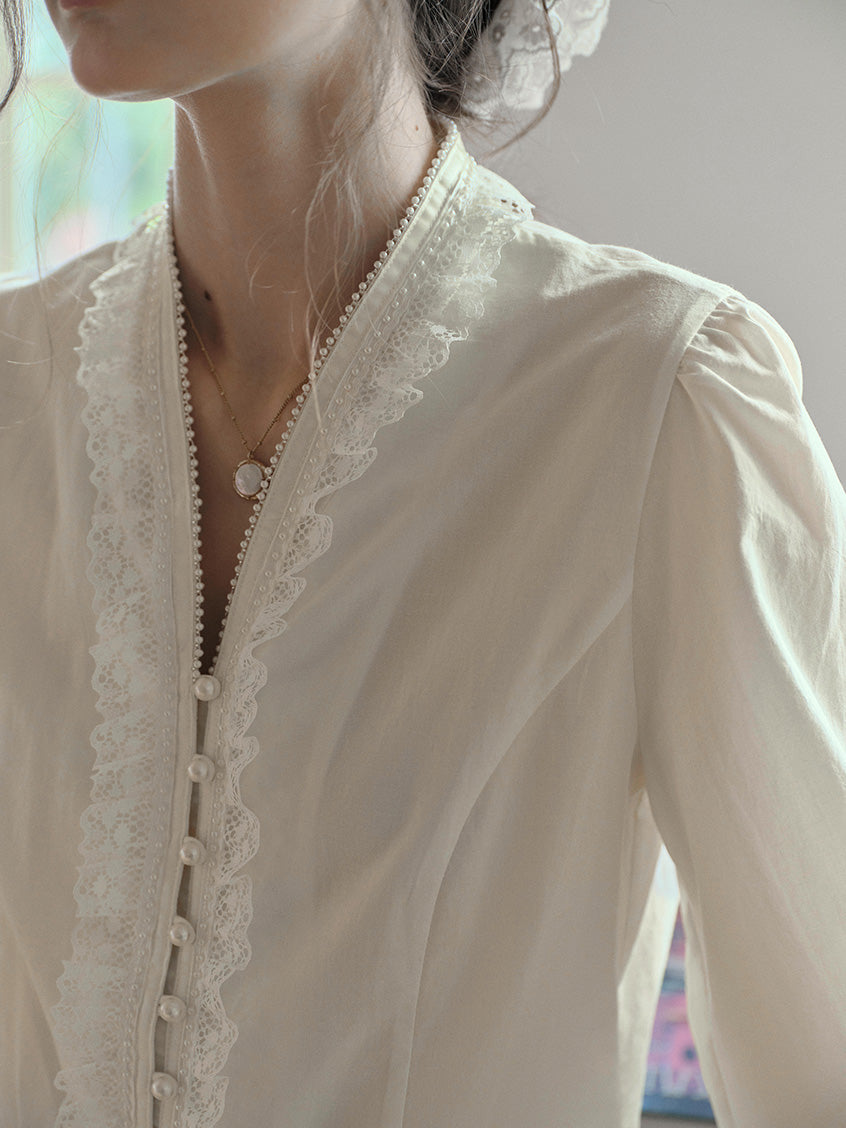 Melanie Cloud Cotton-Linen Ruffle Blouse