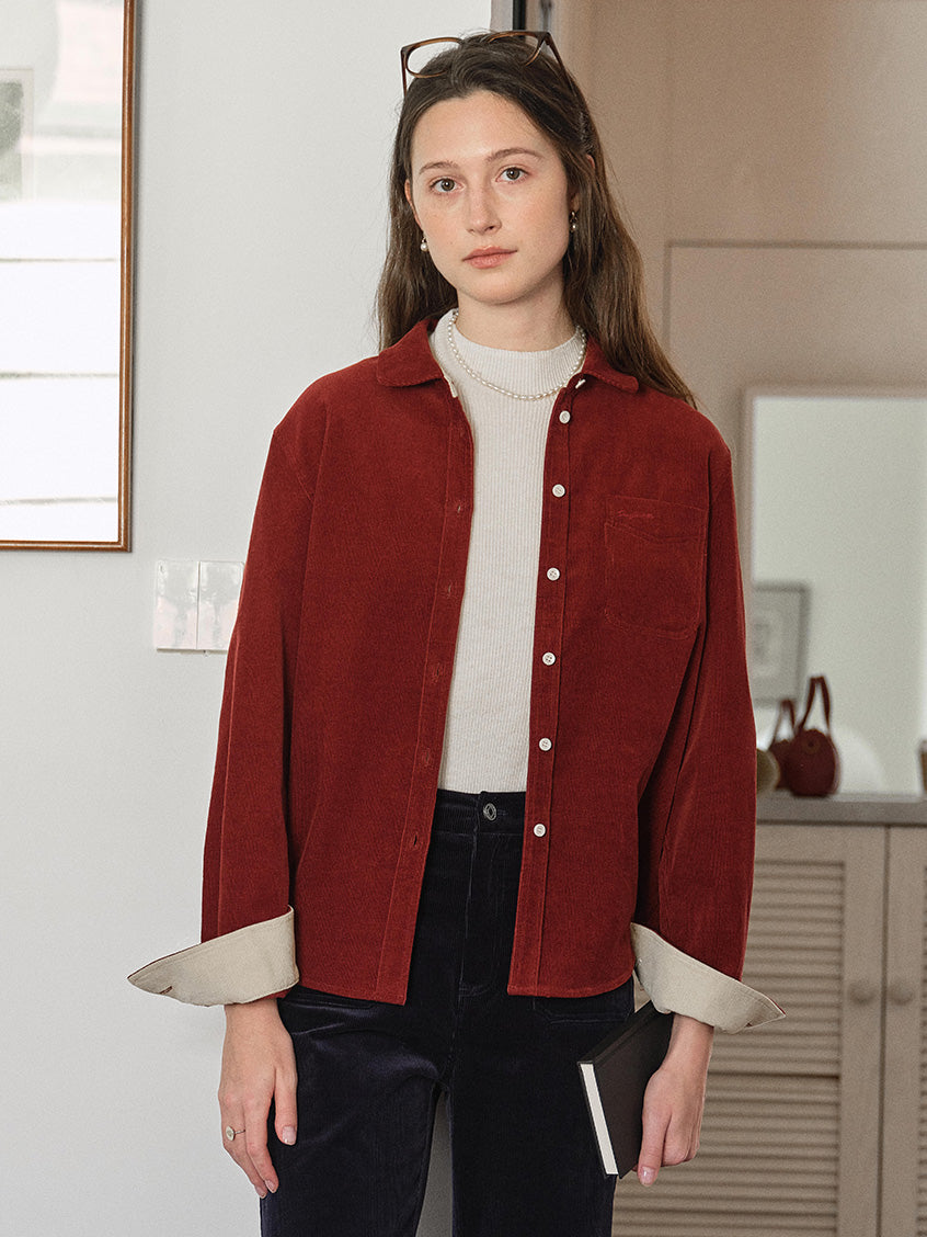 Hesper 100% Cotton Contrast-Cuff Velveteen Shirt