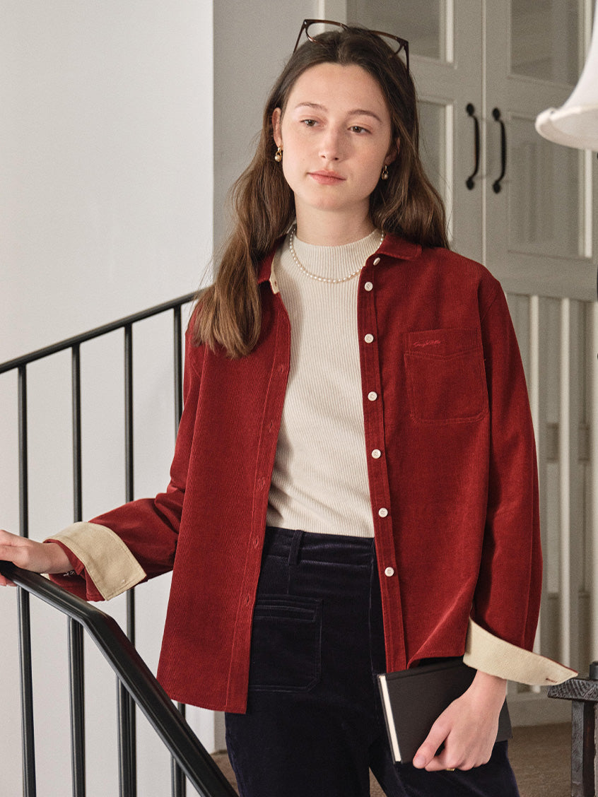 Hesper 100% Cotton Contrast-Cuff Velveteen Shirt