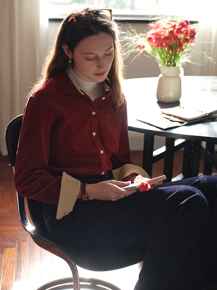 Hesper 100% Cotton Contrast-Cuff Velveteen Shirt