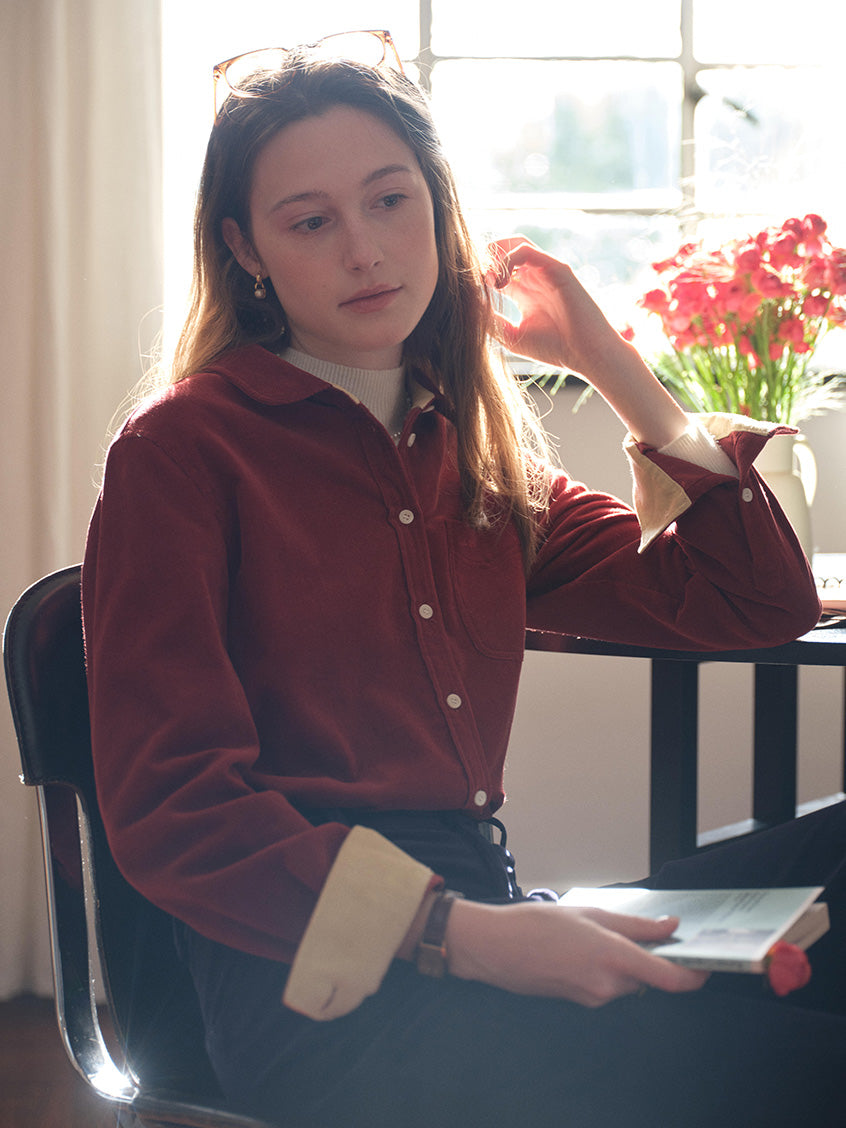 Hesper 100% Cotton Contrast-Cuff Velveteen Shirt