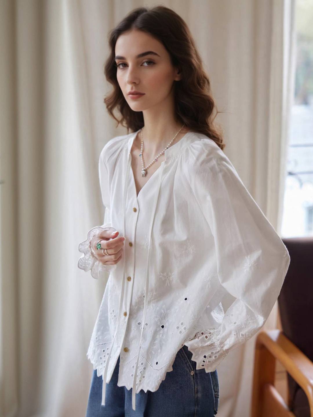 Frances V-Neck Embroidery Blouse