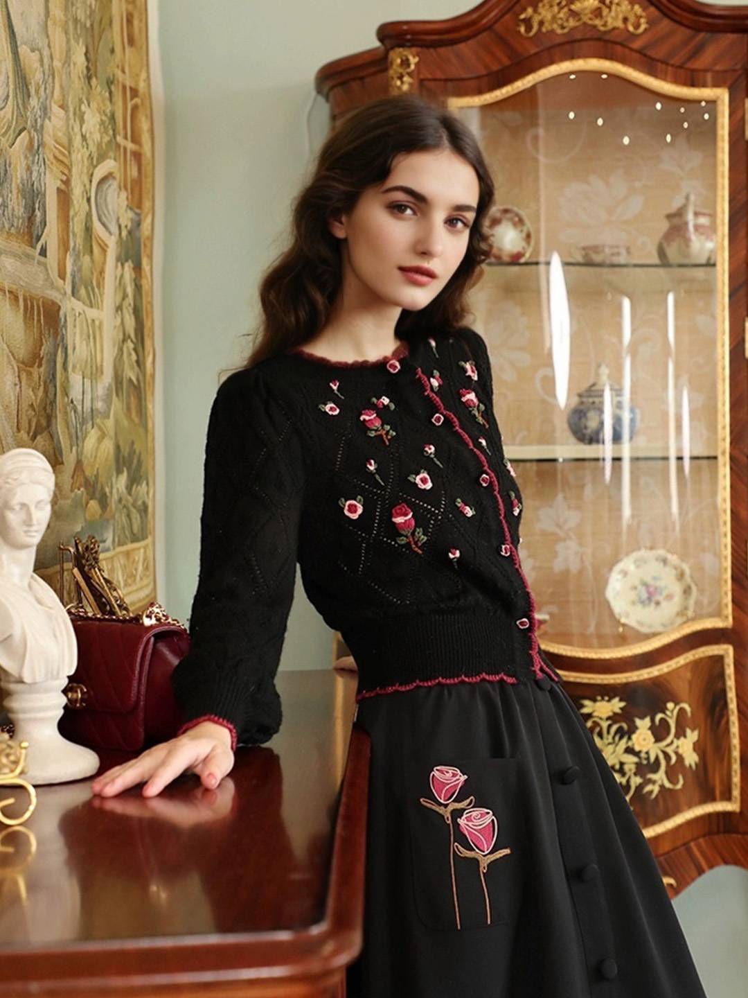 Bonnie Round Neck Rose Cardigan