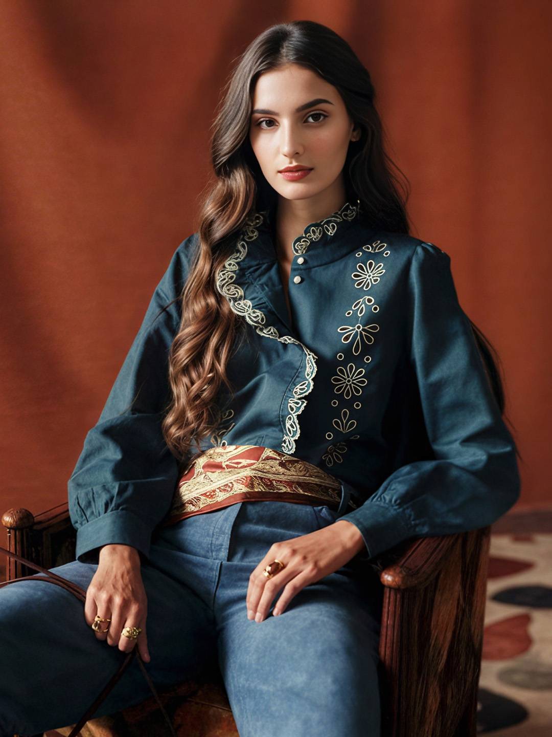 Royalty Stand Collar Embroidery Blouse