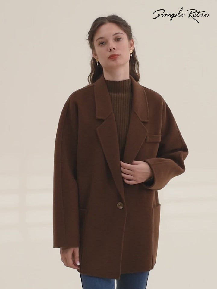 Emilia 100% Wool Coffee Double-faced Coat/Simple Retro/77055