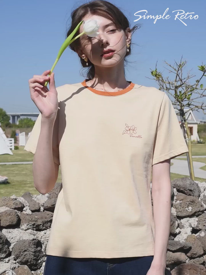 Camellia Chowxiaodou Orange Embroideried T-Shirt/Simple Retro/55164