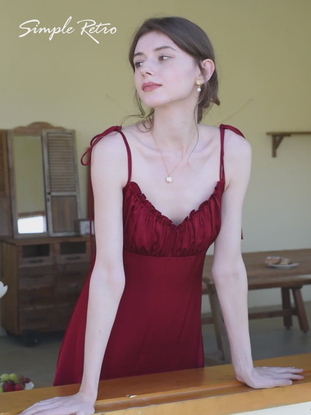 Jennifer Ruffled V-neck Red Slip Dress/Simple Retro/11335