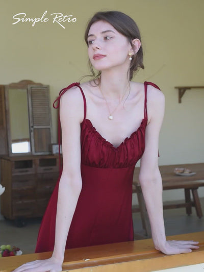 Jennifer Ruffled V-neck Red Slip Dress/Simple Retro/11335