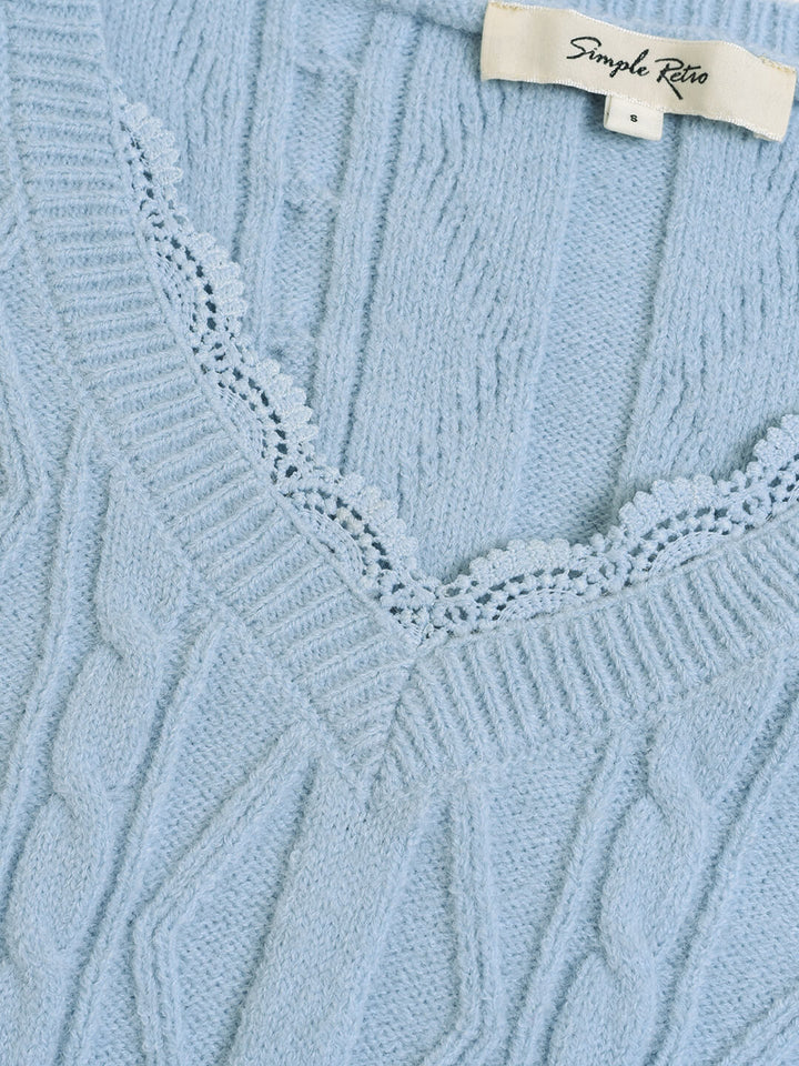 Evie Lace V-neck Blue Cable Sweater/simple retro
