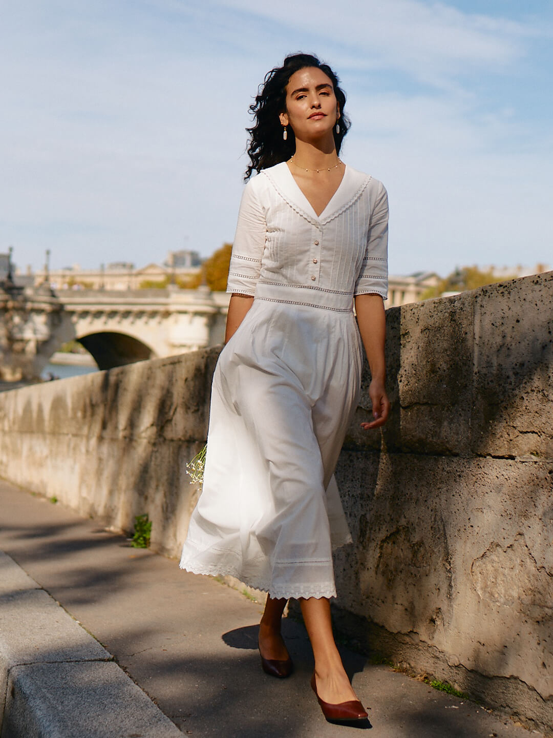 Fiona 100% Cotton White Midi Dress