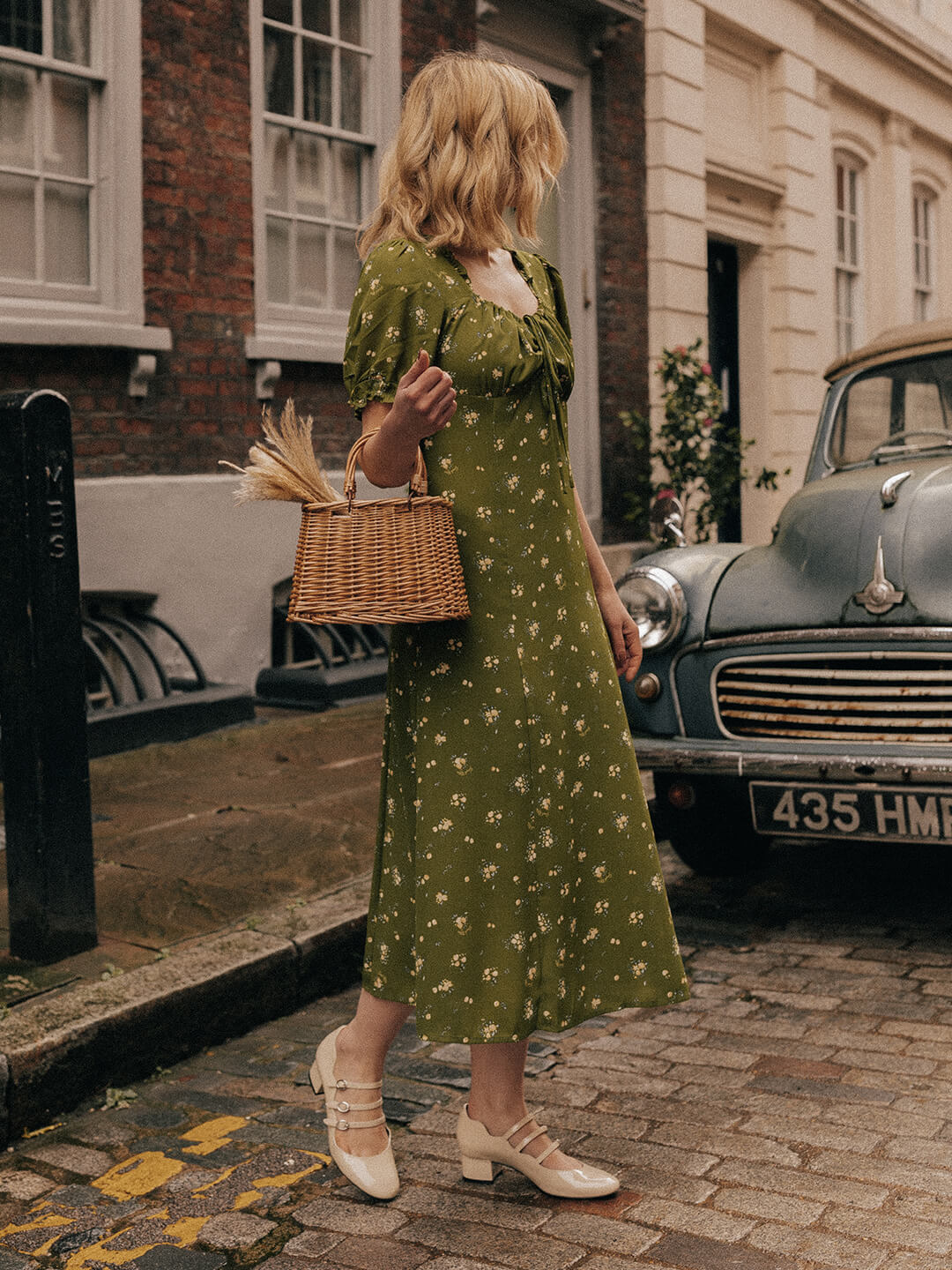 Magnolia Printed Floral Green Midi Dress/Simple Retro/11322