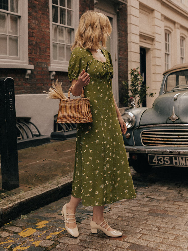 Magnolia Printed Floral Green Midi Dress/Simple Retro/11322