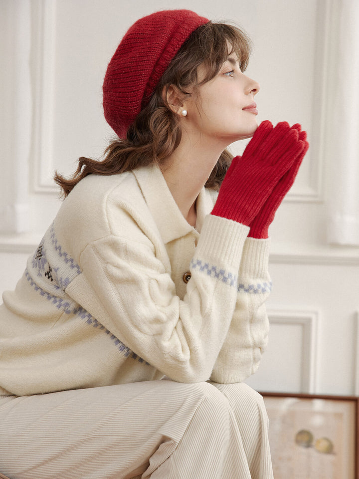 Simpleretro Norah Snowflake Jacquard Polo Knit Sweater-White2