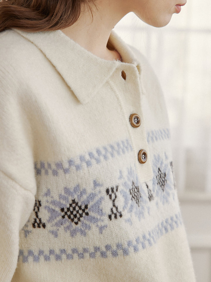 Simpleretro Norah Snowflake Jacquard Polo Knit Sweater-White3