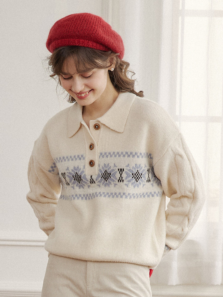 Simpleretro Norah Snowflake Jacquard Polo Knit Sweater-White4