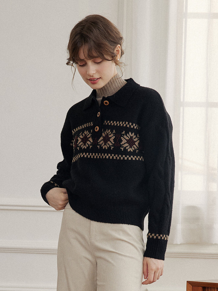 Simpleretro Norah Snowflake Jacquard Polo Knit Sweater-Black11