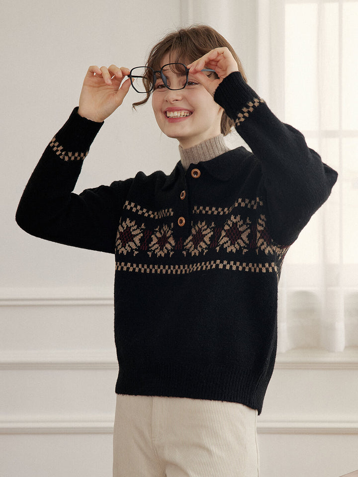 Simpleretro Norah Snowflake Jacquard Polo Knit Sweater-Black2