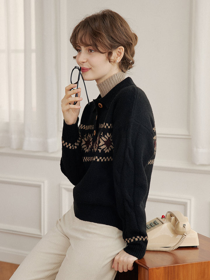 Simpleretro Norah Snowflake Jacquard Polo Knit Sweater-Black3